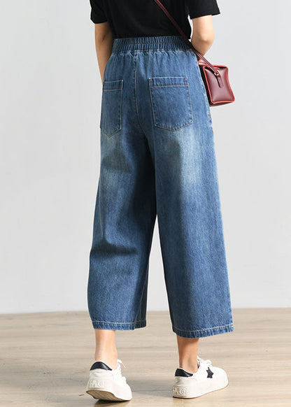 Denim Blue Elastic Waist Pockets Cotton Wide Leg Crop Pants Summer