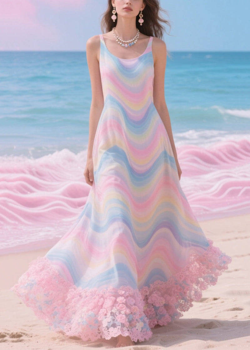 Rainbow Patchwork Flower Lace Chiffon Beach Dress Summer