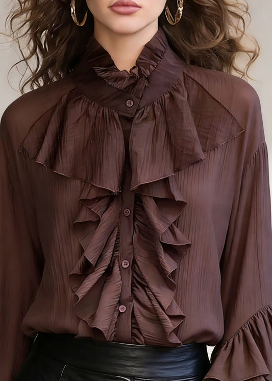 Coffee Wrinkled Button Cotton Shirt Stand Collar Spring