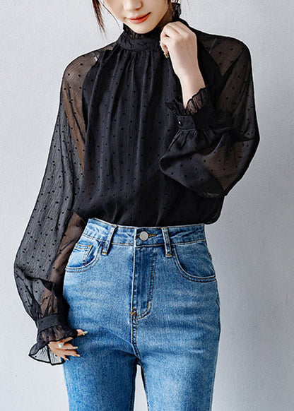 Black Ruffled Dot Thin Chiffon Shirts Fall