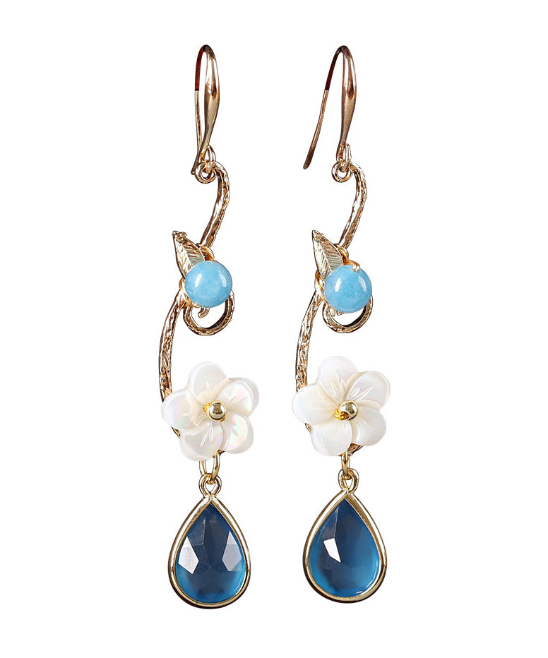 Blue Copper Crystal Coloured Glaze Pearl Shell Flowwer Water Drop Drop Earrings