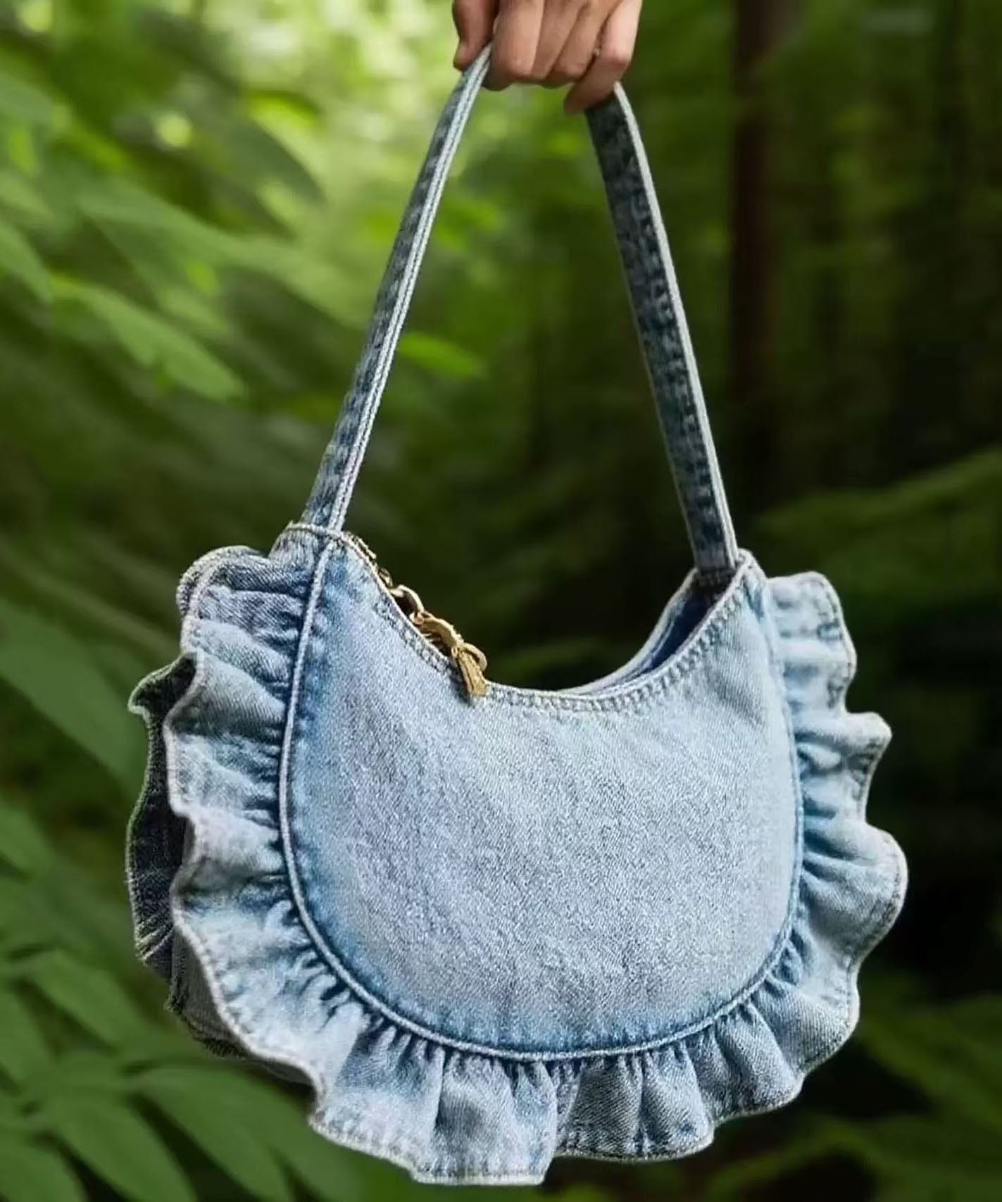 Art Light Blue Ruffled Denim Handbags