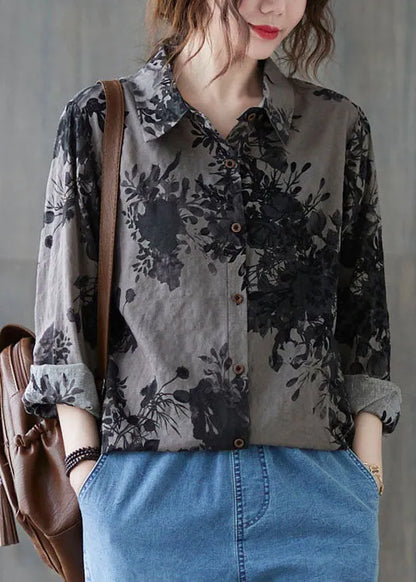 Unique Yellow Leopard Print Peter Pan Collar Button Print Fall Blouses Long Sleeve