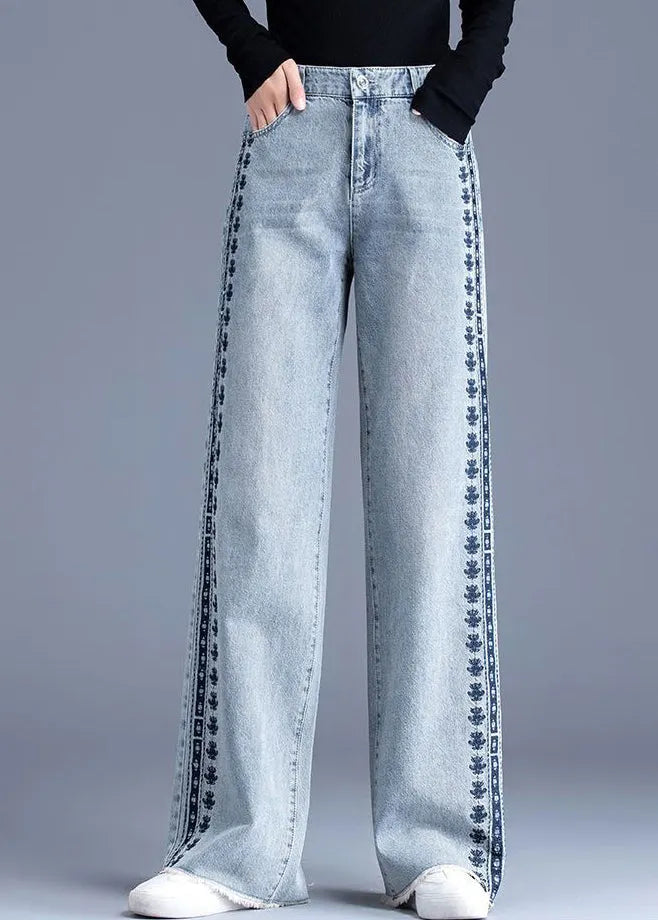 Blue Embroidered Pockets Patchwork Denim Pants Spring