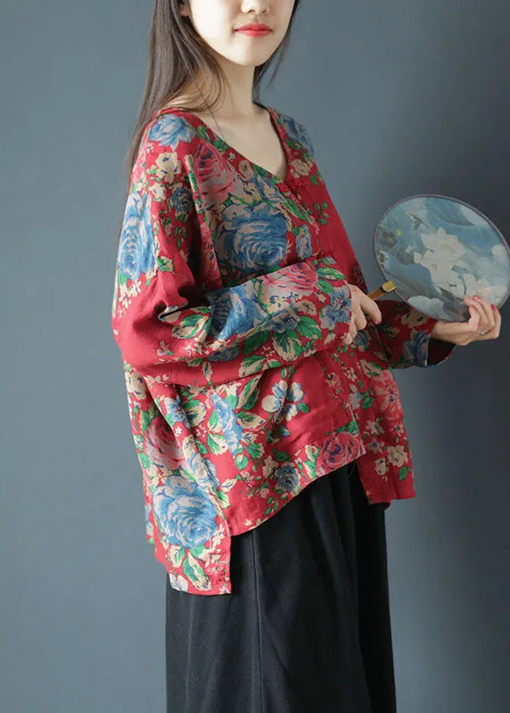 Red Asymmetrical Print Cotton Coats Spring
