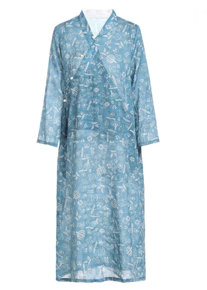 French Blue Print Patchwork Button Summer Ramie Sundress