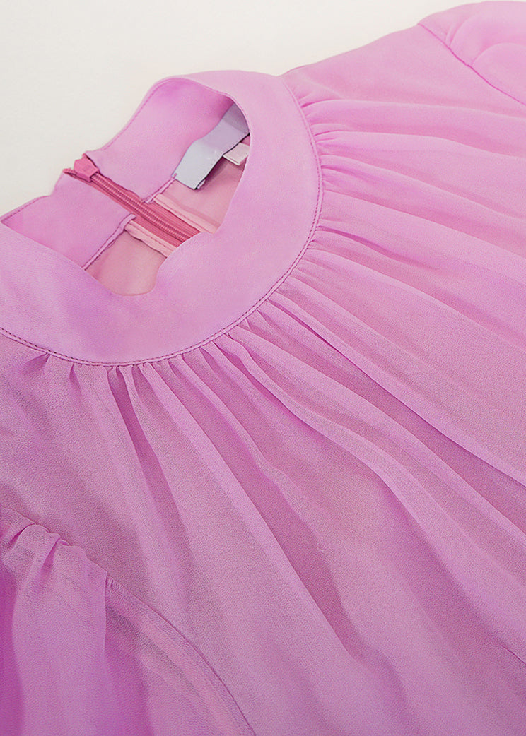Purple Wrinkled Chiffon Dress Lantern Sleeve