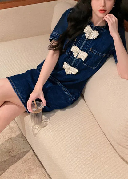 New Blue Bow Zircon Pockets Denim Dresses Summer