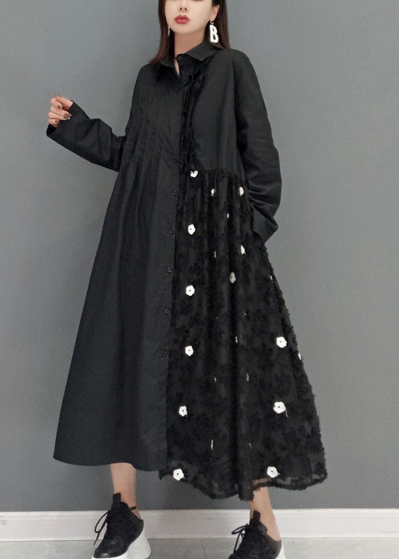 Black Lace Patchwork Shirt Dresses Spring