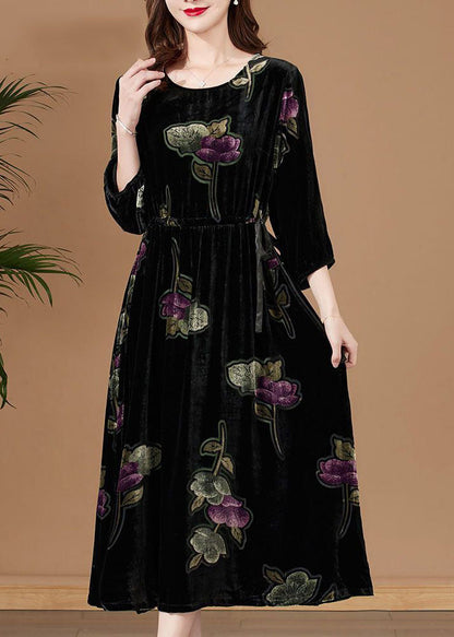 Black O-neck Print Velour Party Dress Bracelet Sleeve