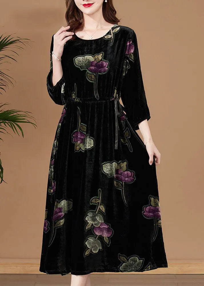 Black O-neck Print Velour Party Dress Bracelet Sleeve