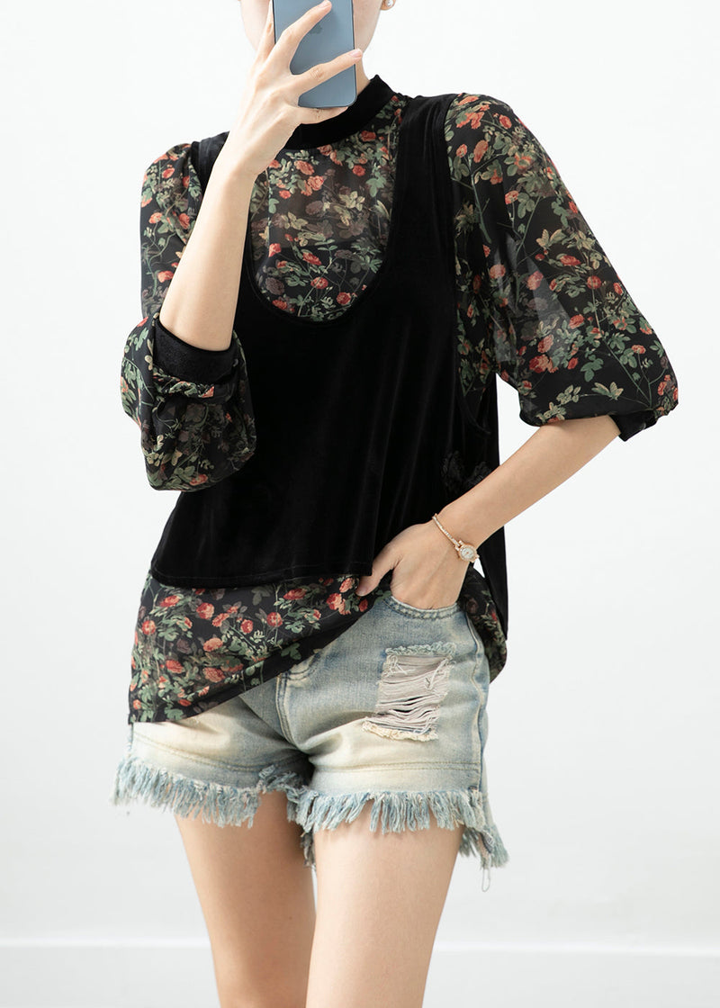 Unique Black Chinese Button Silk Velour Vests and Chiffon Shirts Two-piece Set Fall