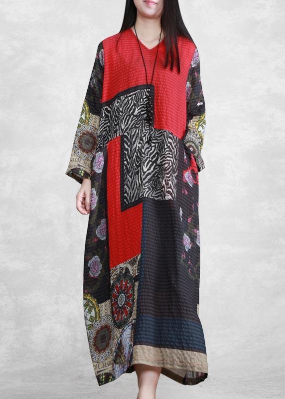 V Neck Long Sleeve Spring Tunic Pattern Outfits Print Kaftan Dresses