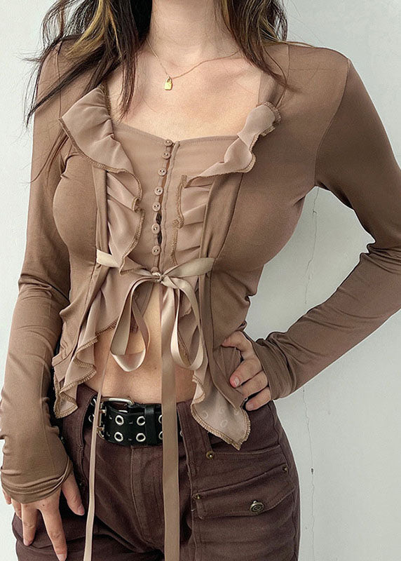 Slim Fit Khaki Tie Waist Ruffled Patchwork Top Long Sleeve