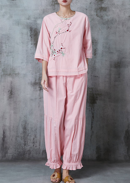 Pink Embroidered Oriental Cotton Two Piece Suit Set Summer