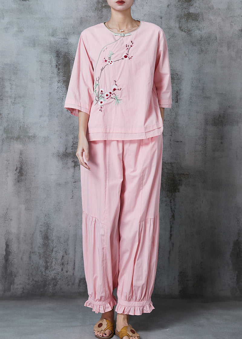 Pink Embroidered Oriental Cotton Two Piece Suit Set Summer