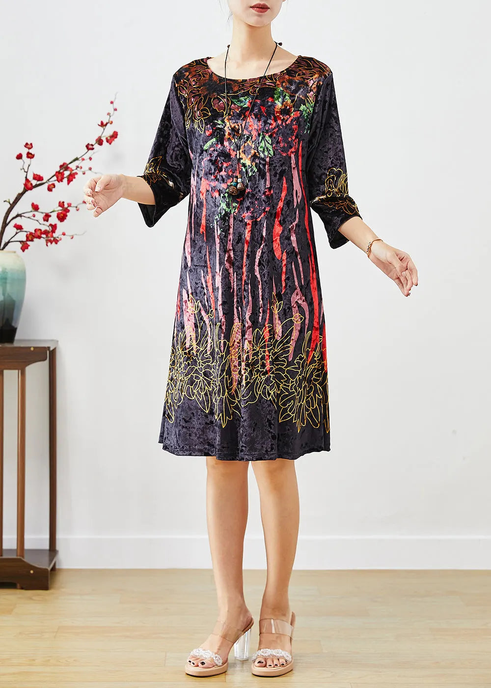 Black Print Silk Velour Maxi Dresses Half Sleeve