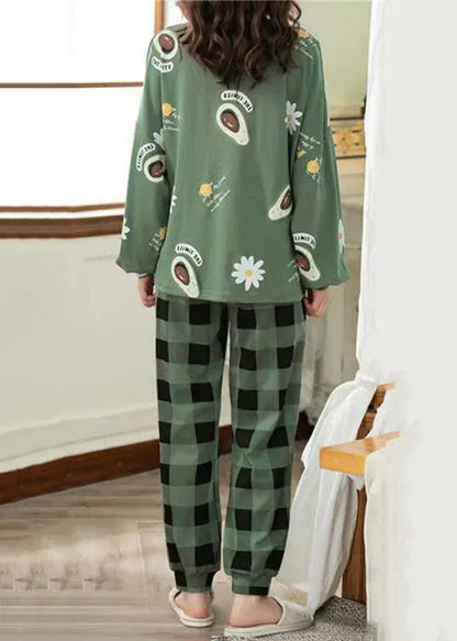 Green Print T Ahirt and Plaid Pants Cotton Pajamas Two Pieces Set Fall
