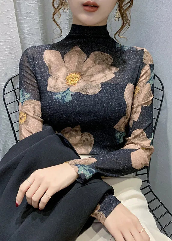 Green Turtleneck Print Lace Tulle Warm Fleece Thick Tops Bottoming Shirt