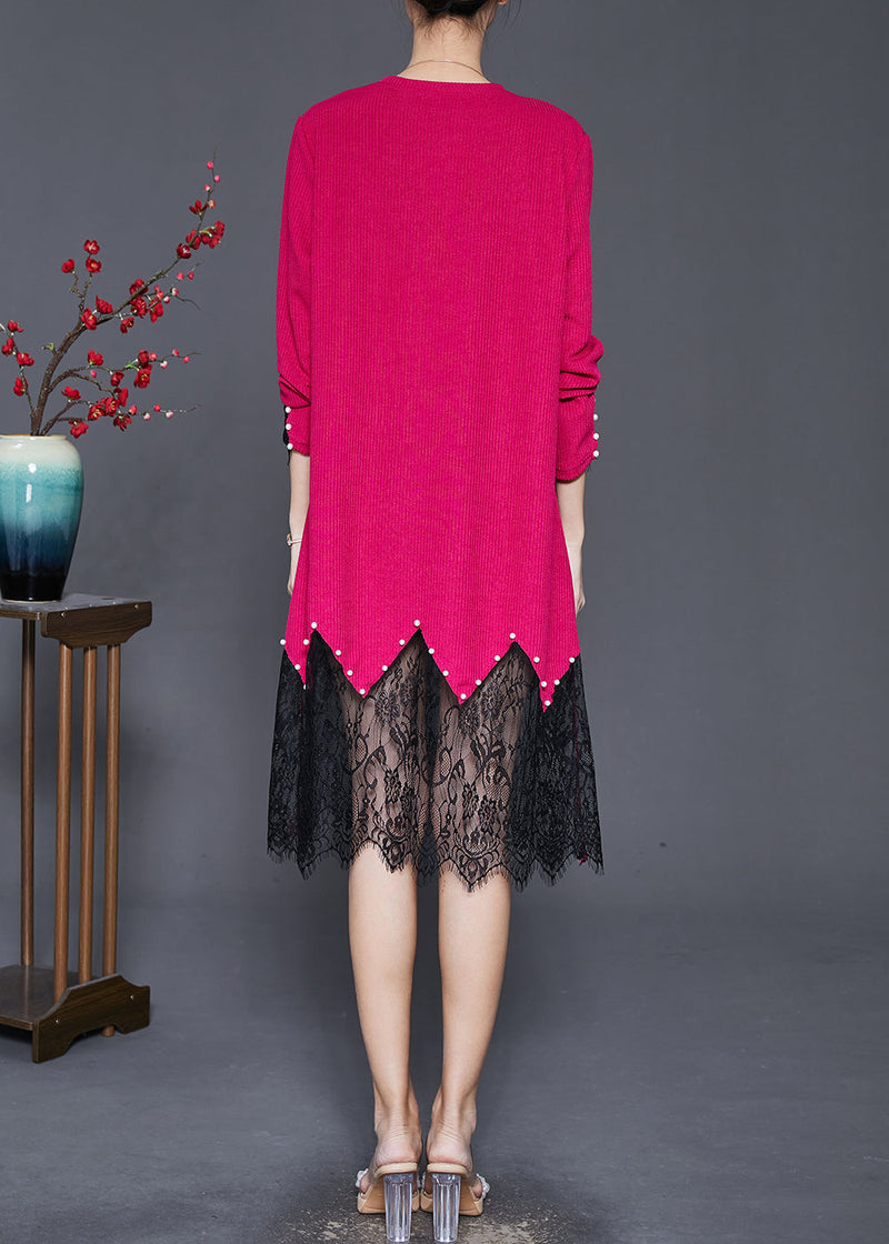 Rose Lace Patchwork Nail Bead Knit Dresses Spring