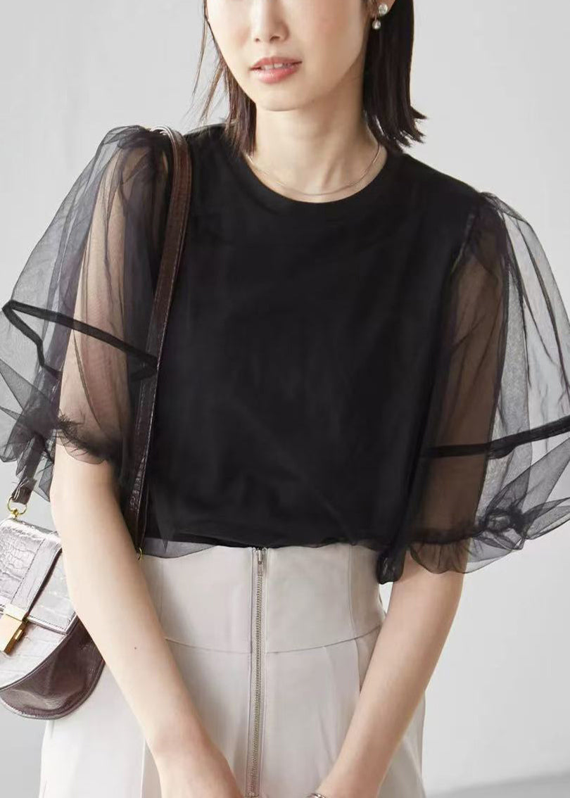 White Puff Sleeve Patchwork Tulle Tanks Summer