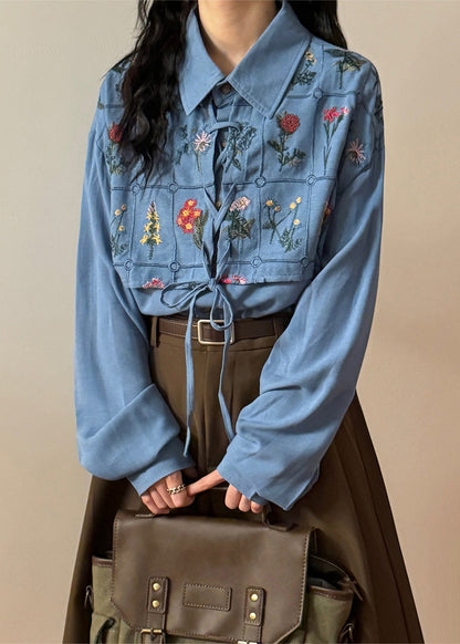 French Blue Embroidered Lace Up Cotton Blouses Spring