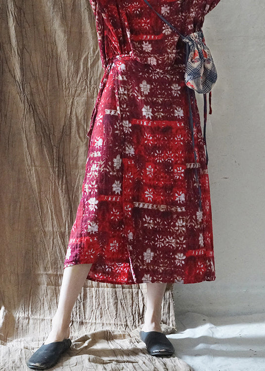 Slim Fit Red Tie Waist Print Asymmetrical Design Cotton Skirt Spring