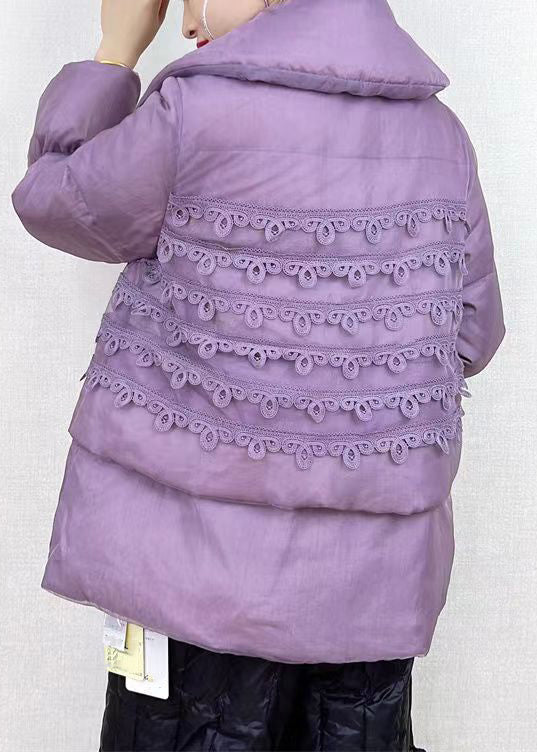 Purple Peter Pan Collar Button Patchwork Duck Down Coat Winter