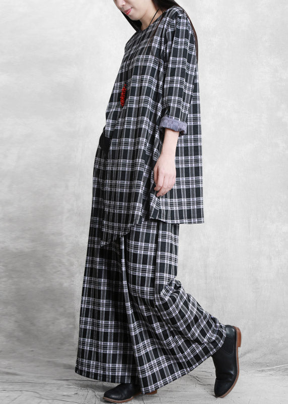 Handmade Black White Plaid O-neck Asymmetrical Top and Wide Leg Pants Two Pieces Set Spring
