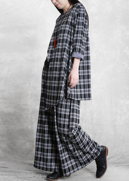Handmade Black White Plaid O-neck Asymmetrical Top and Wide Leg Pants Two Pieces Set Spring