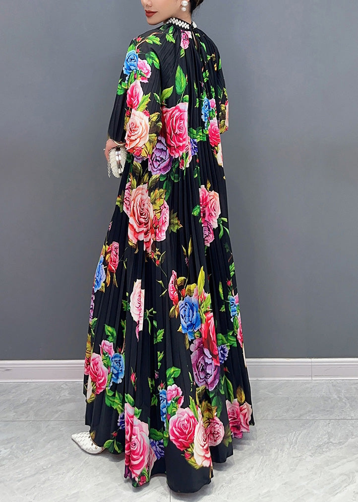 Black Blossoming Cotton Long Dress Summer