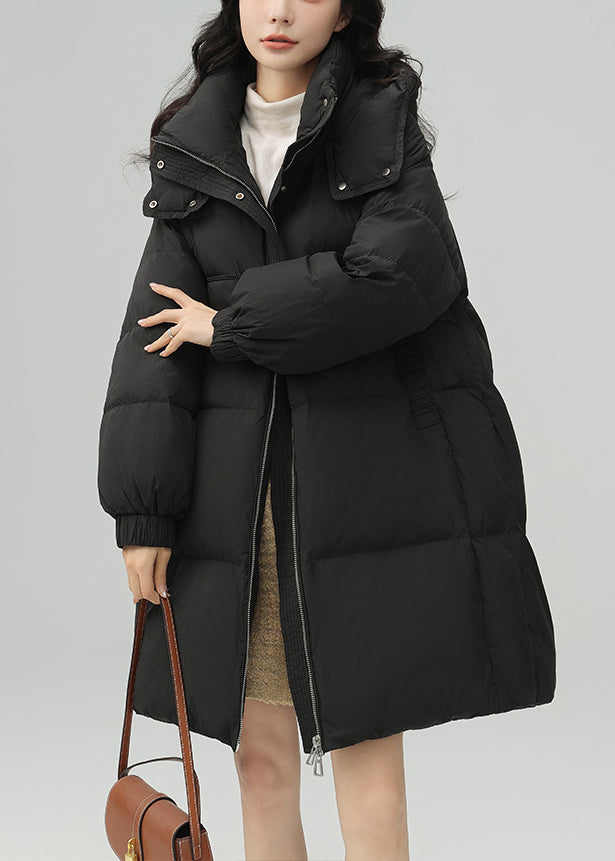 Black Zippered Pockets Patchwork Duck Down Coat Winter