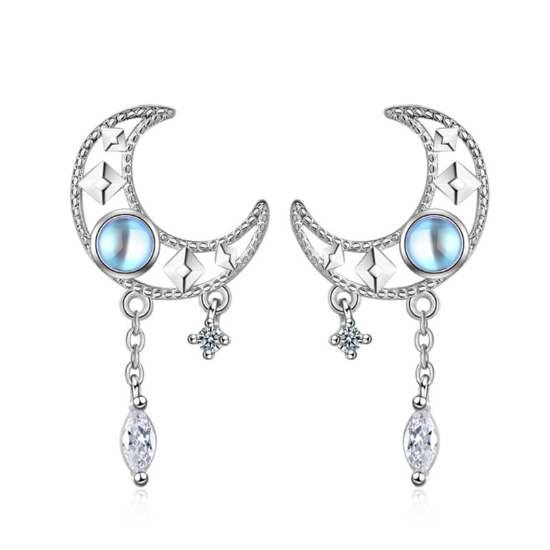 Celestial Blue Crescent Tassel Earrings