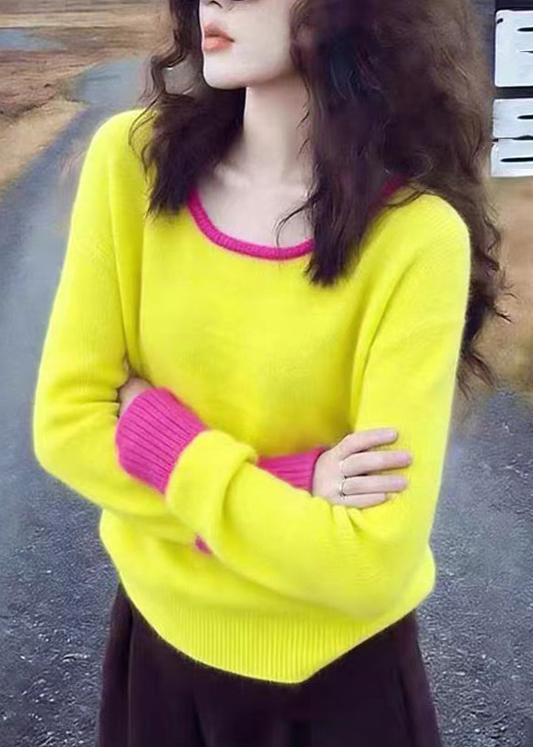 Yellow O-neck Patchwork Cotton Knit Sweater Spring