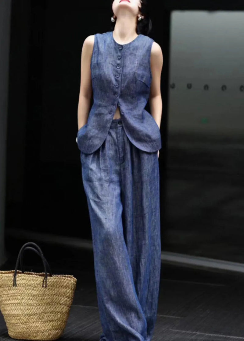 Fine Blue O Neck Button Denim Two Pieces Set Sleeveless