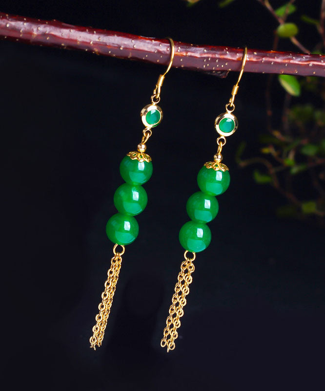 Green Sterling Silver Overgild 14k Gold Jade Tassel Drop Earrings