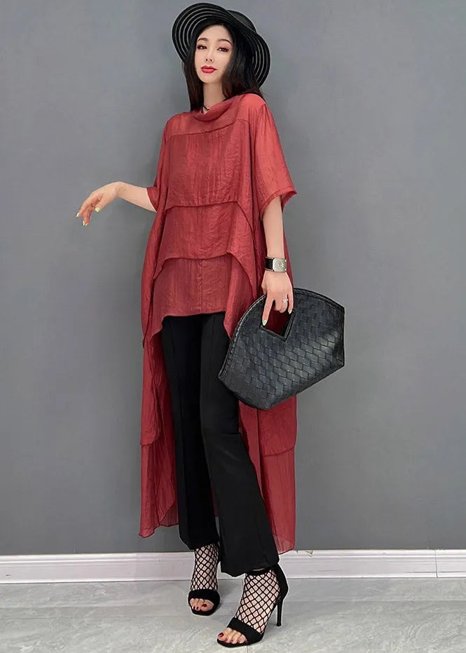 Red O-neck Asymmetrical Patchwork Dresses Short Sleeve
