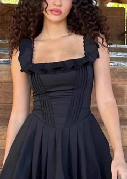 Black Ruffled Cotton Mid Dress Sleeveless