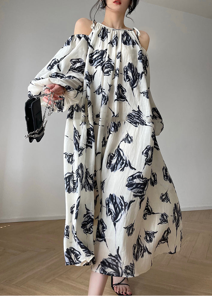 Slash Neck Print Maxi Dresses Puff Sleeve