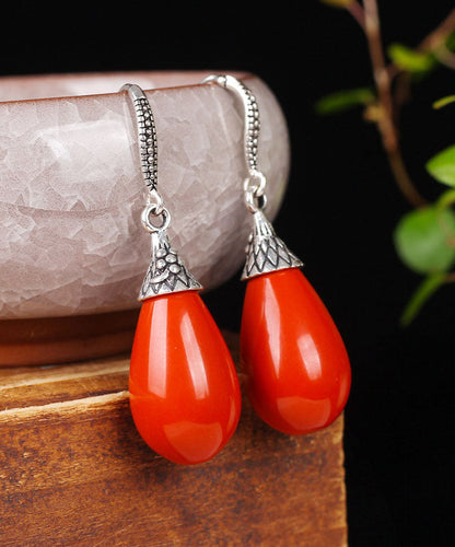 Red Sterling Silver Inlaid Gem Stone Water Drop Drop Earrings