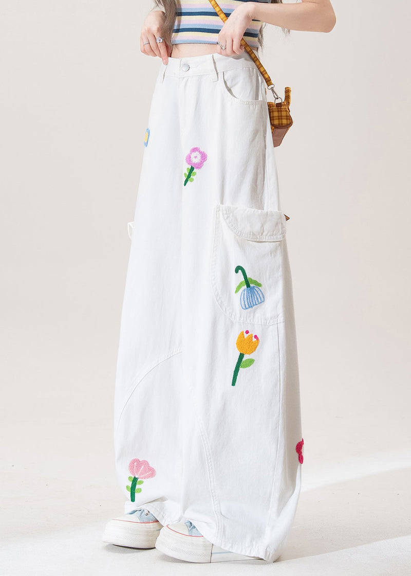 White Button Pockets High Waist Denim Pants