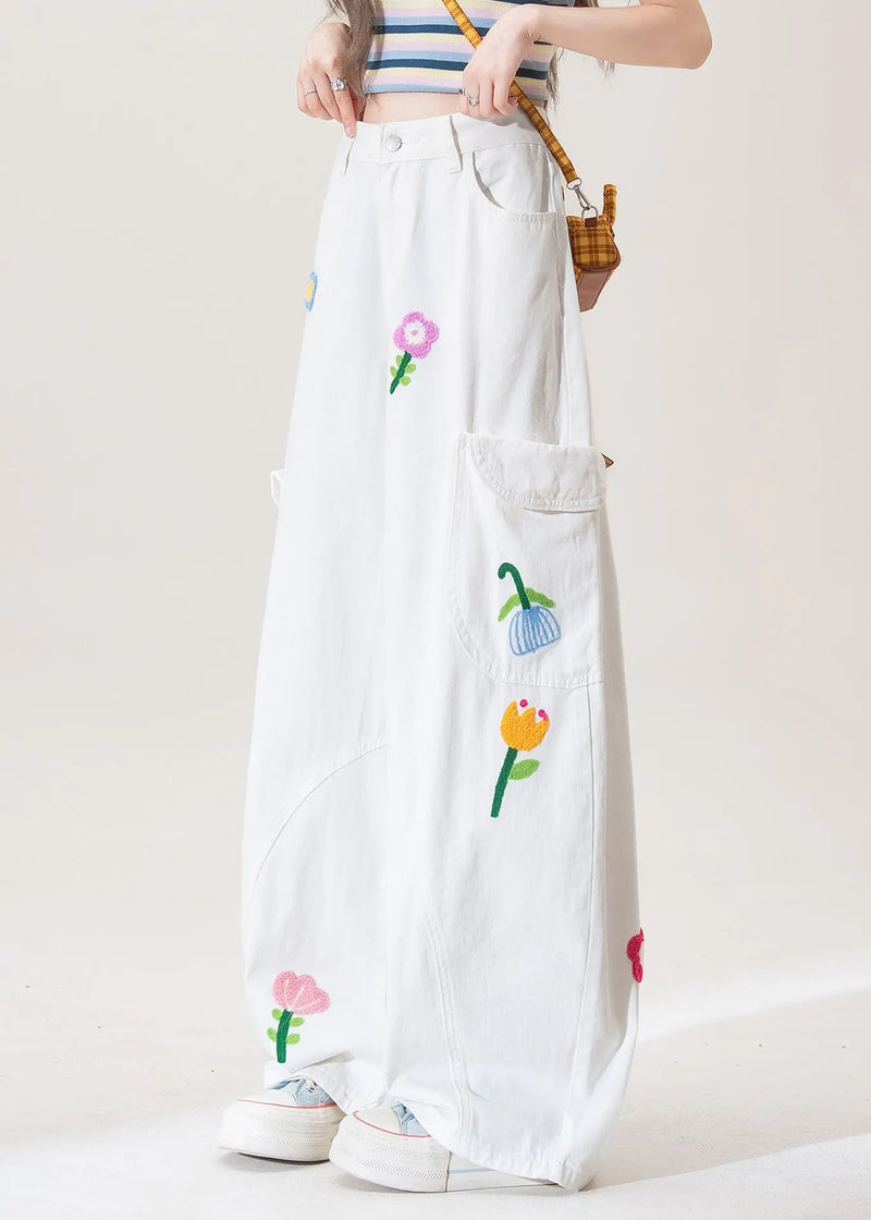 White Button Pockets High Waist Denim Pants