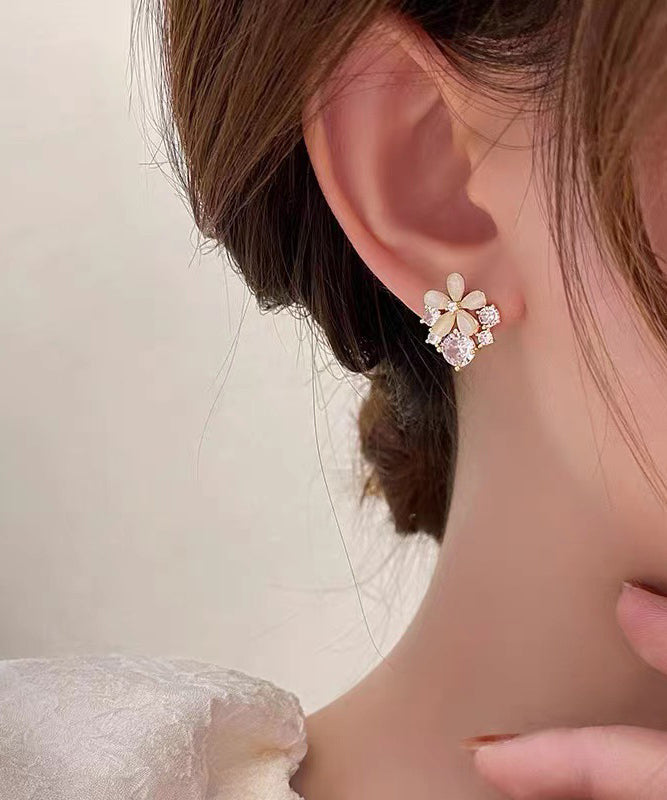 Regular Beige Sterling Silver Overgild Cat's Eye Stone Zircon Stud Earrings