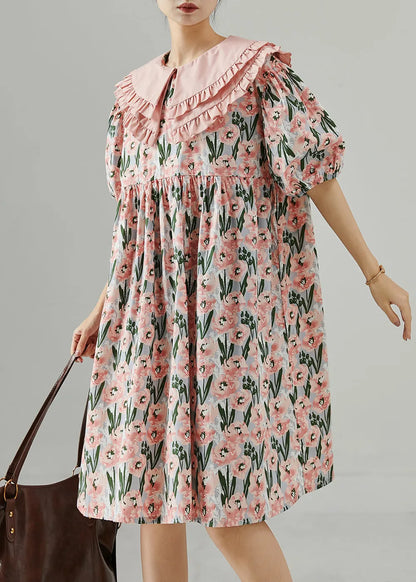 French Pink Peter Pan Collar Print Cotton Dresses Summer