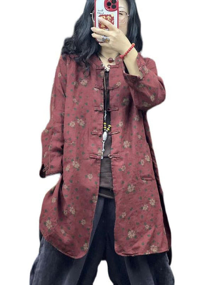 Colorblock Stand Collar Print Mid Linen Shirt Spring