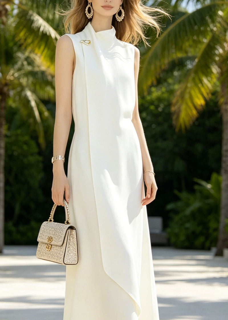 French White Half High Neck Cotton Dress Sleeveless