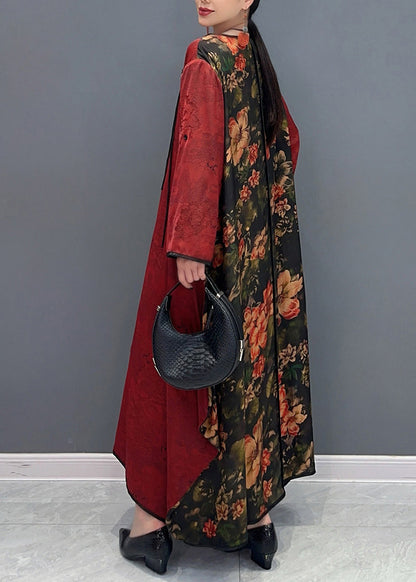 Chinese Style Red O-neck Patchwork Holiday Silk Long Dress Long Sleeve