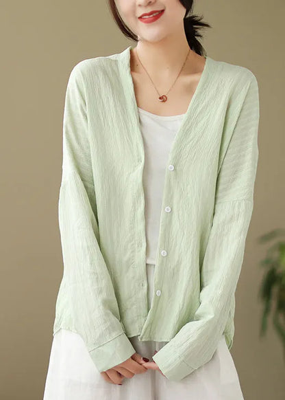 Green Button Patchwork Cotton Coat Outwear V Neck Fall