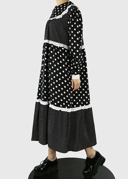 Black Ruffles Zip Up Dot Patchwork Maxi Dresses Spring
