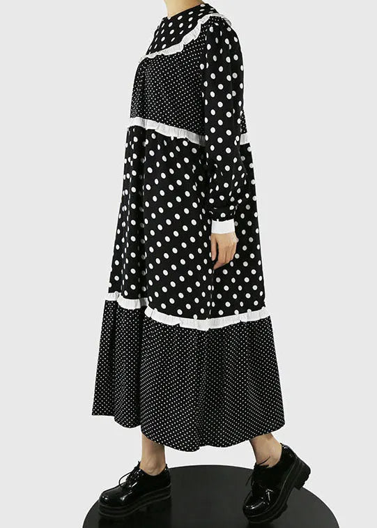 Black Ruffles Zip Up Dot Patchwork Maxi Dresses Spring